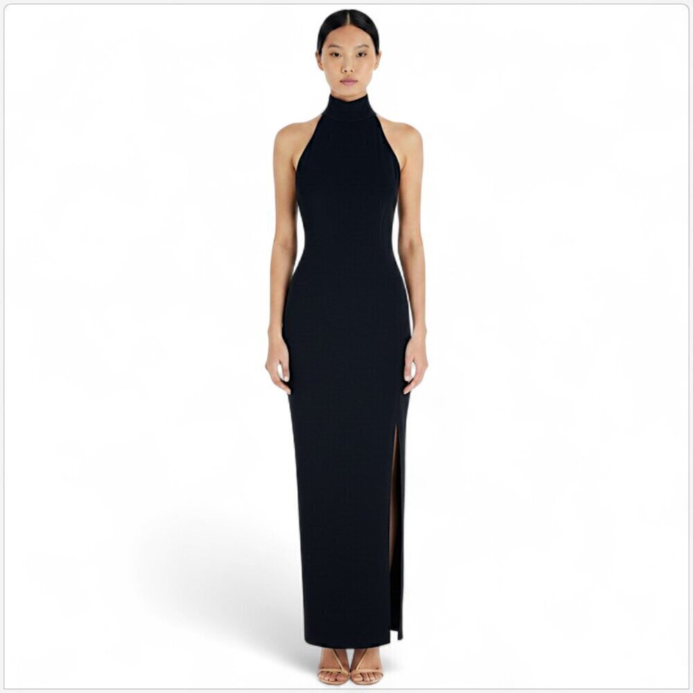 Tadashi Vintage Long Black Stretch High Neck Sleeveless Slit Gown Dress Retro L